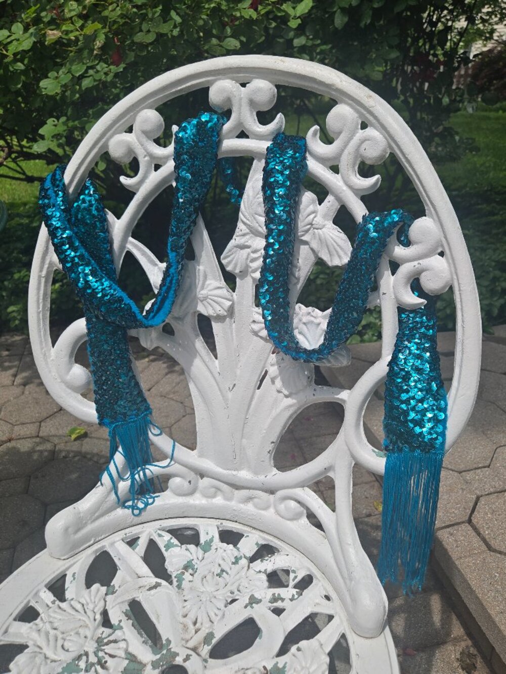 Turquoise aqua sequin crochet belt or hairband with tassels